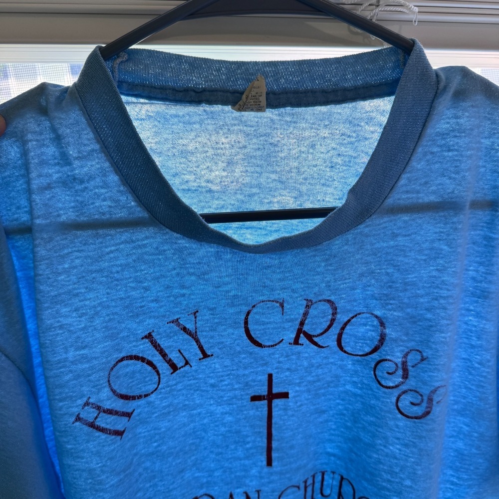 Vintage Holy Cross T-Shirt Mens L Blue Lutheran Church Thin Single Stitch 80s